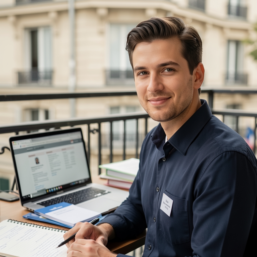 Bravenor team workspace in Paris with open reference notebooks, ingredient source folders, and a laptop showing catalogue documentation on screen
