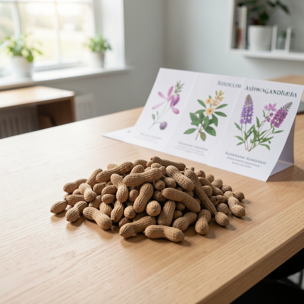 Dried whole-food supplement ingredients including ashwagandha root and rhodiola laid on a clean wooden surface in the Bravenor office with botanical reference cards