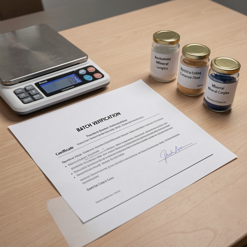 Close-up of a printed batch verification certificate on a desk alongside a digital scale and small labelled jars of mineral complex ingredients under controlled studio lighting