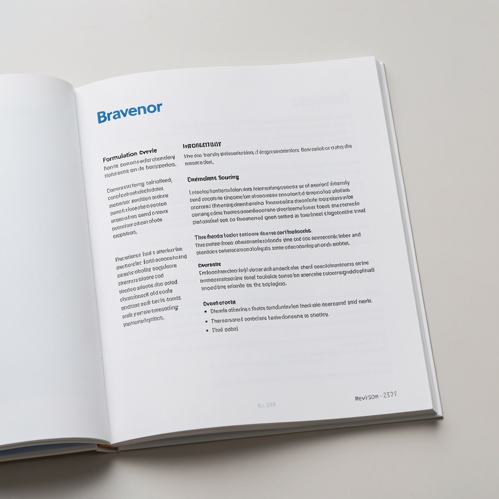 Bravenor catalogue printed edition open on a page showing formulation overview with ingredient sourcing notes, revision date stamps visible on the margin