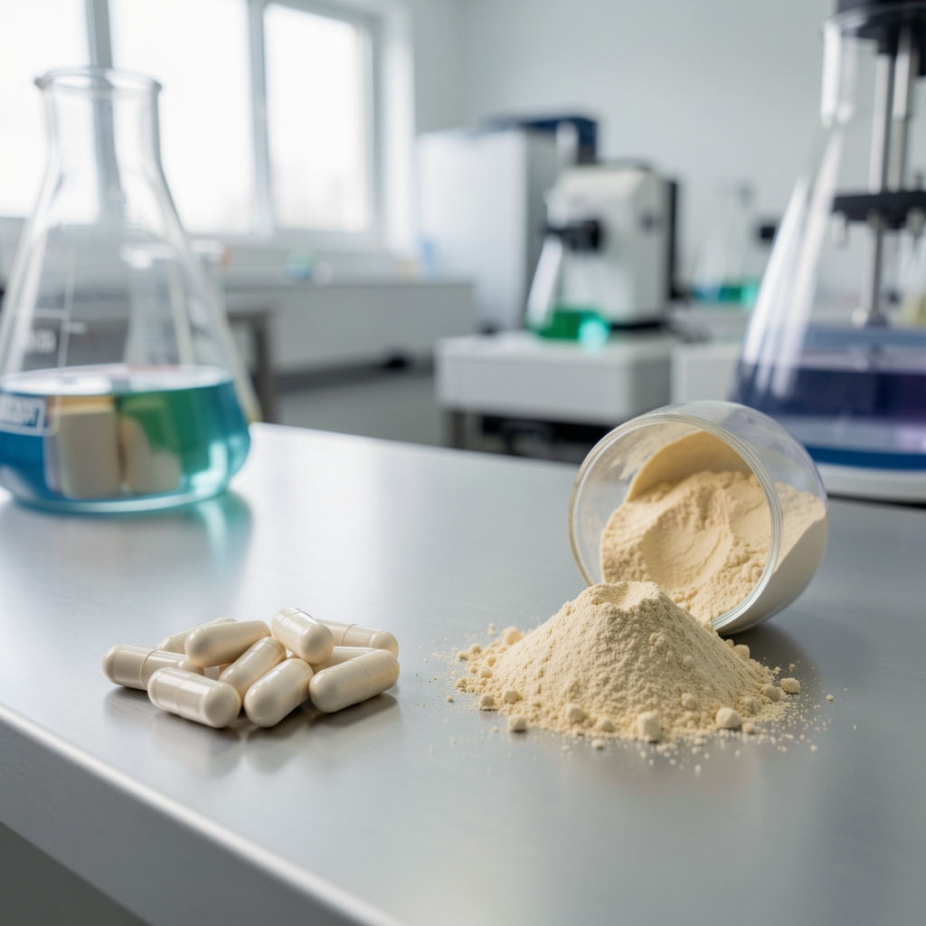 Zinc picolinate soft-gel components and weighed powder portions on a laboratory-style reference surface with food-grade processing environment in background